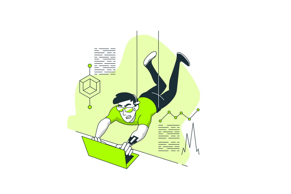 A cartoon of a man in green diving into a laptop with data and graphs in the background