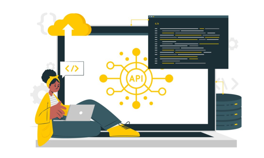 Cartoon of a woman programming with API and cloud graphics