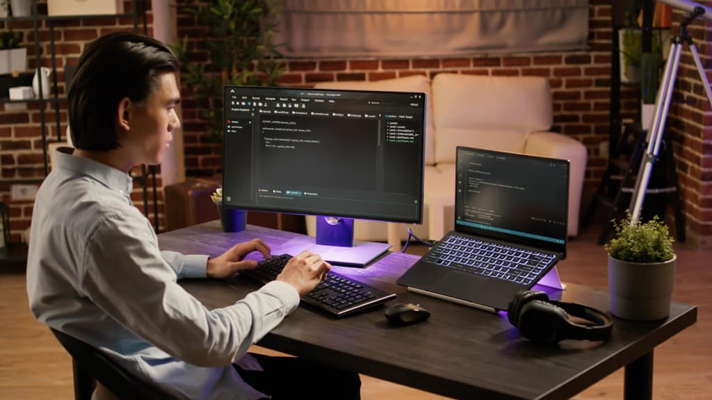 A man sits at a workstation with computers and writes code