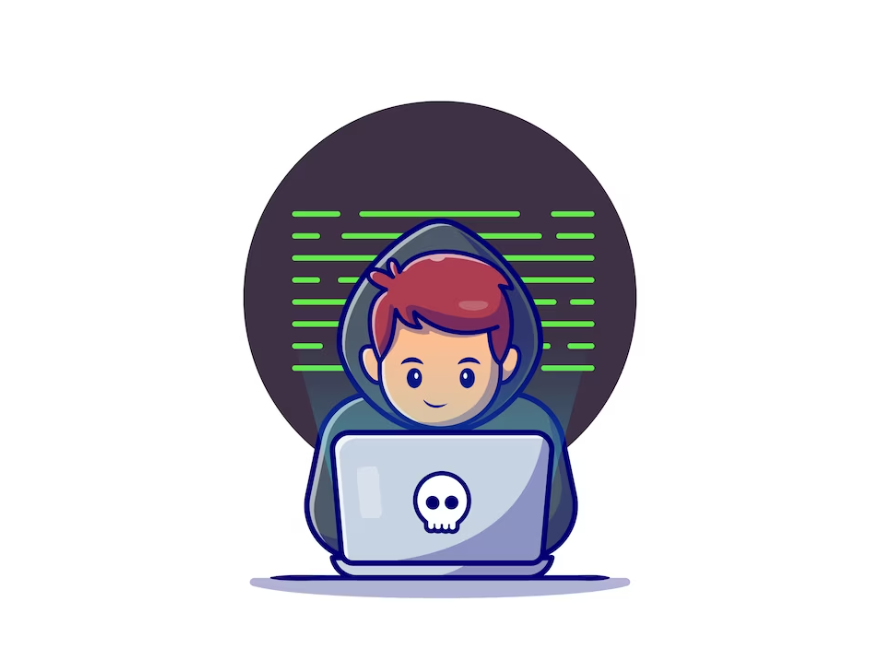 Cartoon of a person in a hoodie working on a laptop with a skull icon
