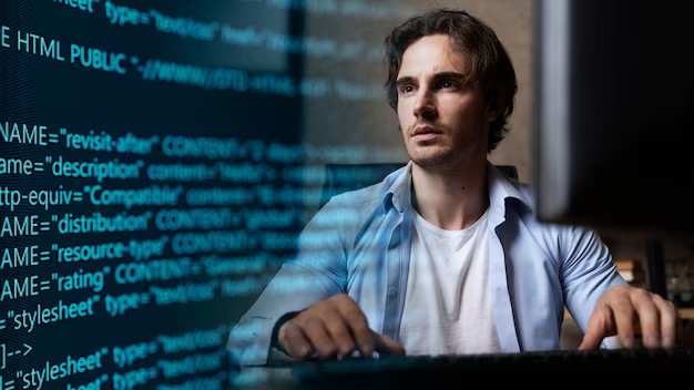 Man working on a computer, program code in the foreground