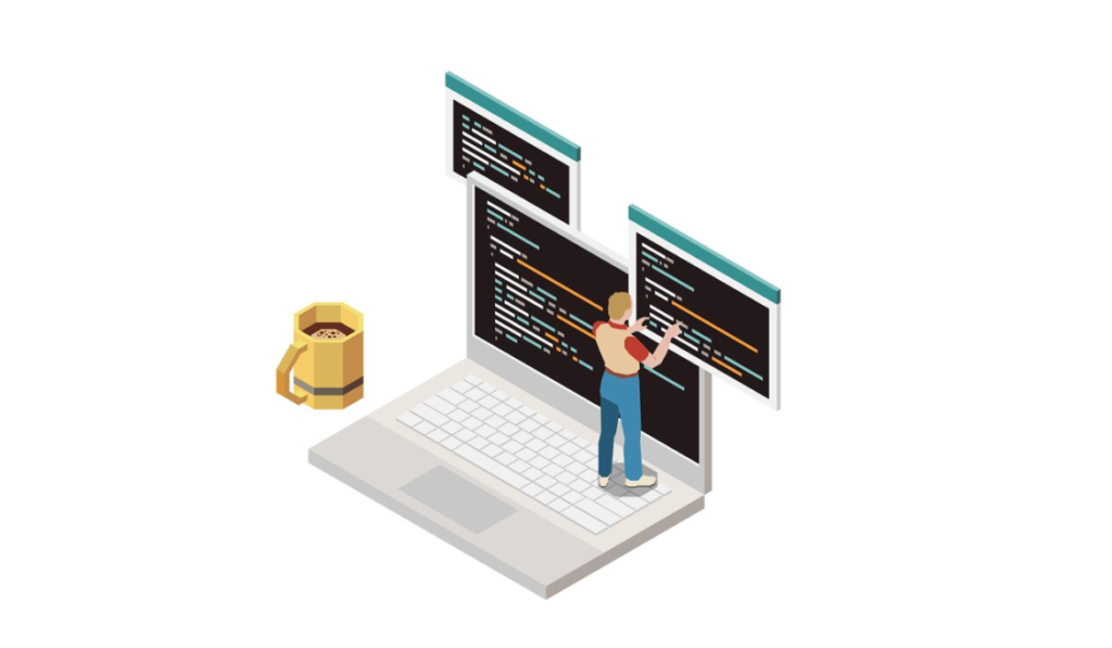 Isometric illustration of a programmer at a giant laptop with multiple code screens