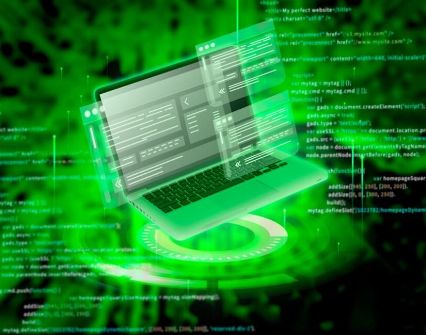 A stylized image of a laptop with code and digital graphics