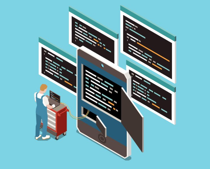 An isometric illustration of a person coding on multiple screens