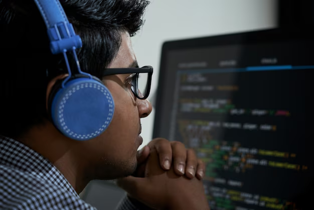 A man in headphones looks at the program code