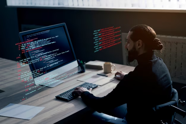 A man writes program code while sitting at his computer