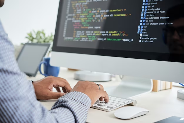 A man writes program code at a white computer