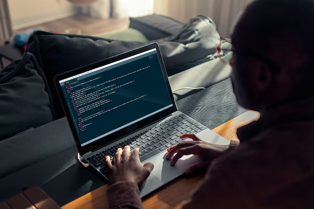 Man working on laptop, rear view
