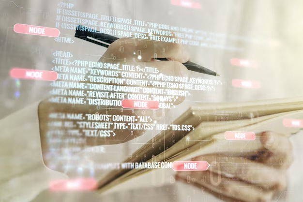 A man writes something in a notepad, program code is in the foreground