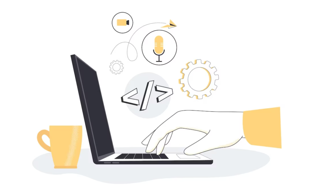 A minimalistic graphic of a hand typing on a laptop with abstract icons