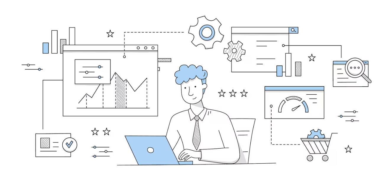 Line drawing of a man at a desk with analytics and optimization graphics