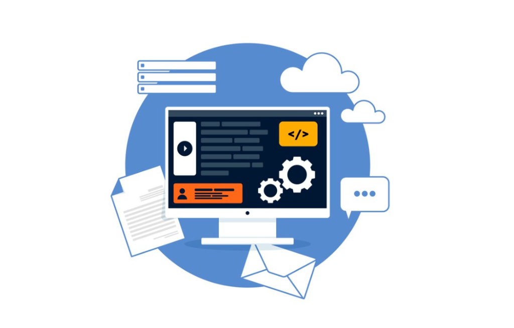 Graphic of a computer with code, settings gears, and cloud computing symbols