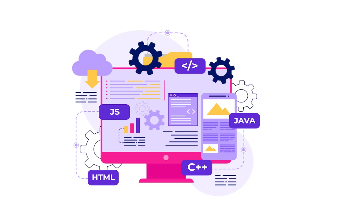 A colorful illustration of programming languages and tools around a computer monitor