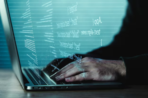 Hands on laptop keyboard with program code